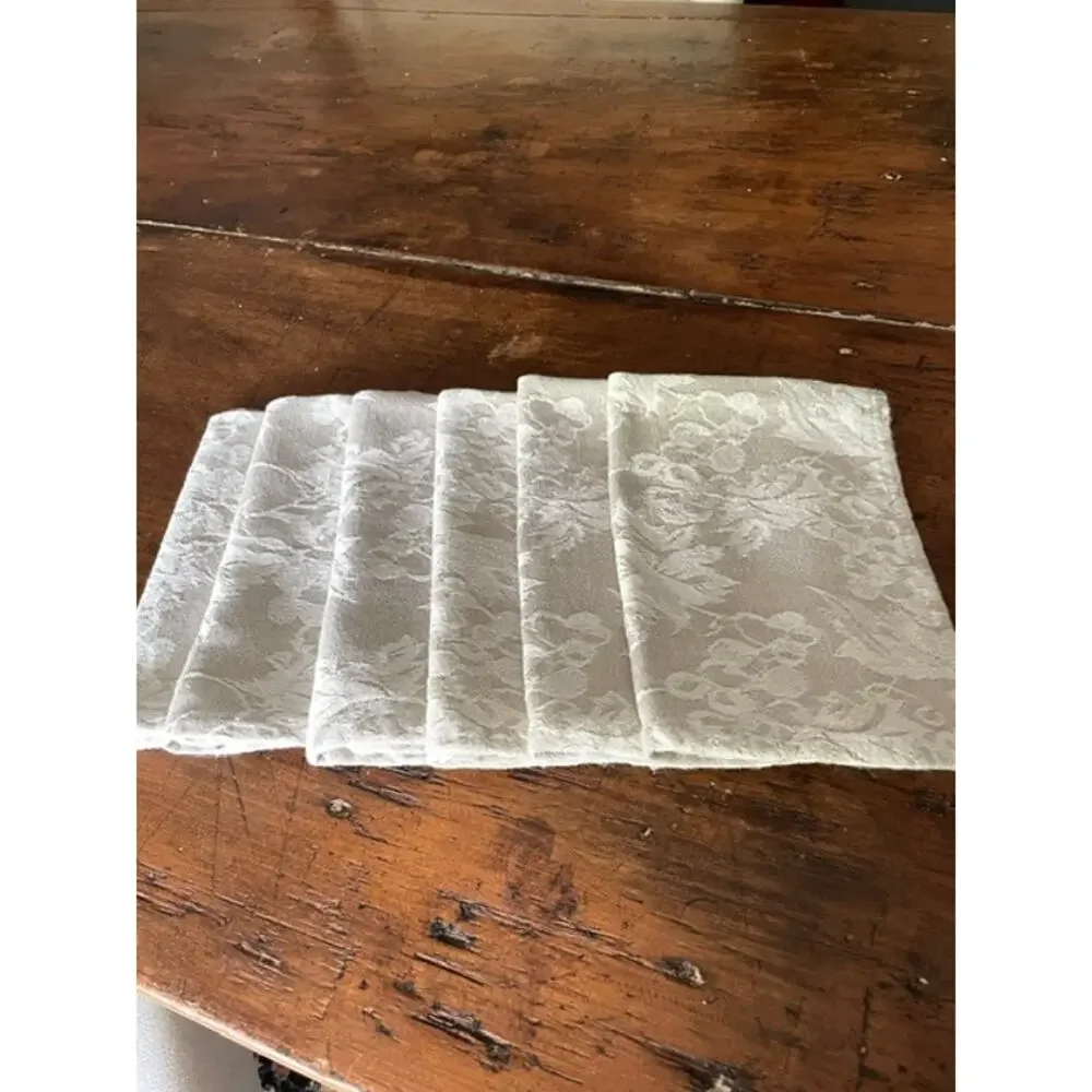 Ivory Floral Damask Cotton Napkins Set of 6 Woven Jacquard Table Linens